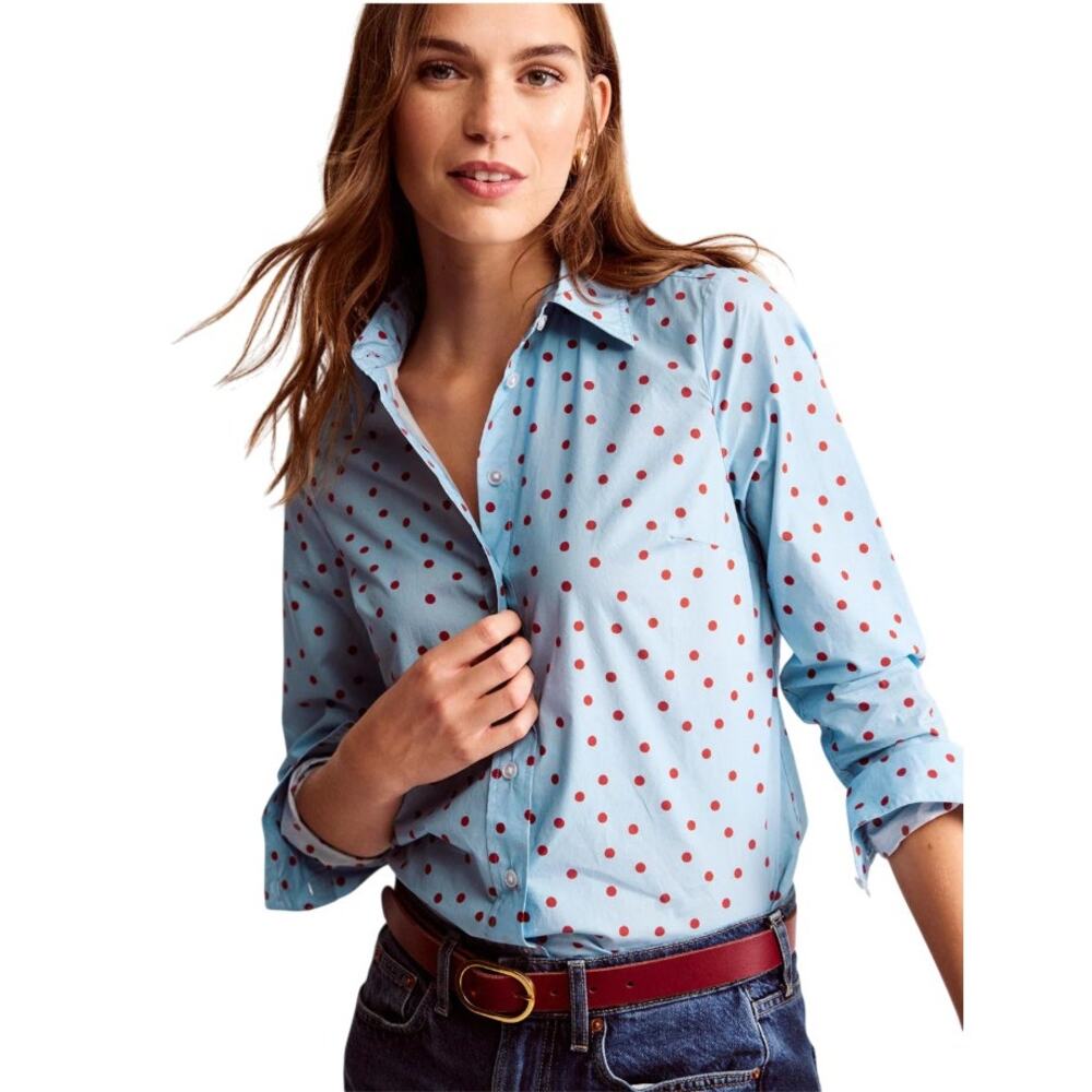 Boden Heron Blue Sienna Red Spaced Dot Cotton Button Down Shirt - Picture 2 of 12